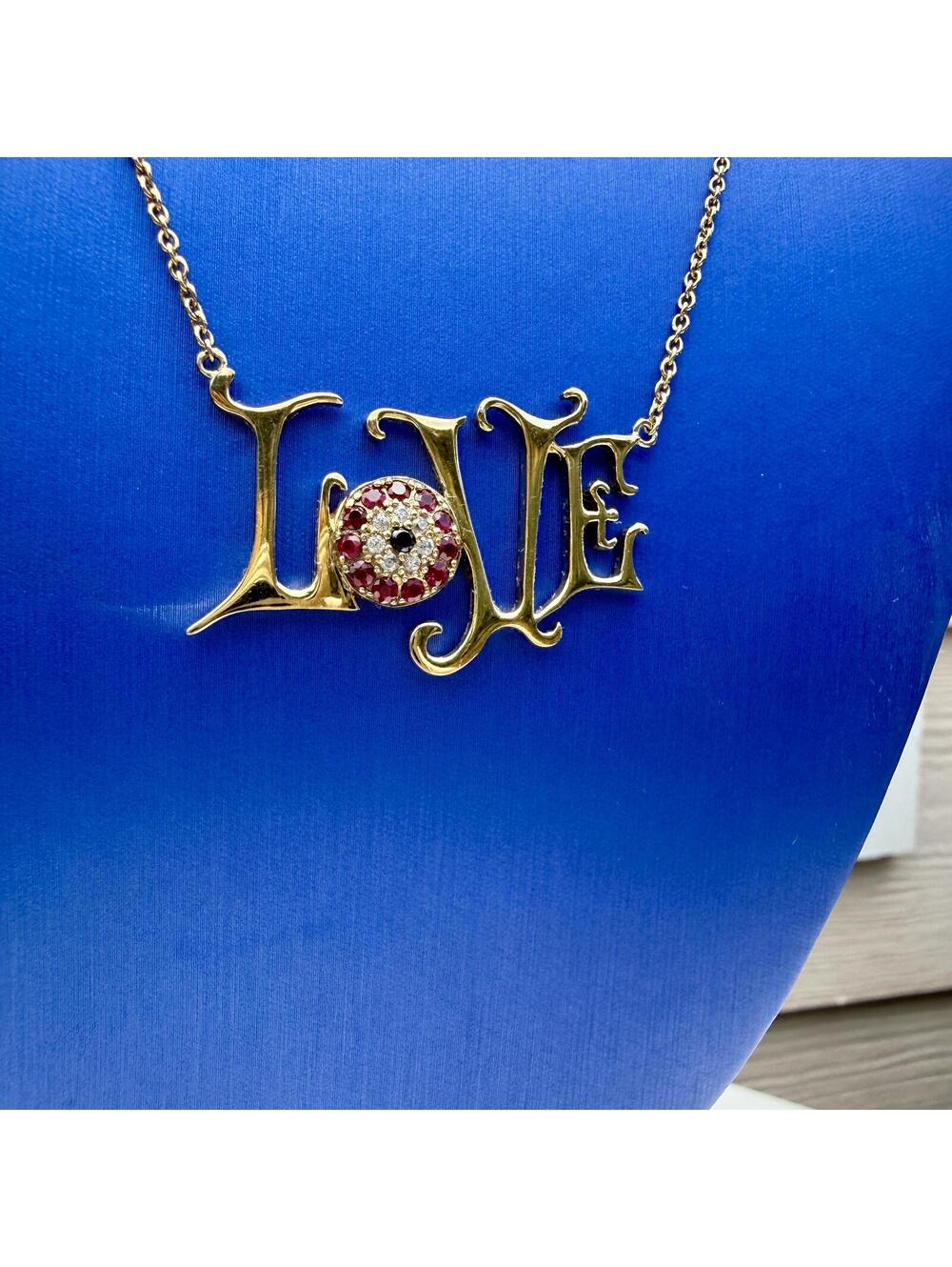 Vintage LOVE Necklace. Ruby and Diamond. Sterling Silver 925 and Gold Overlay. - Picture 10 of 10